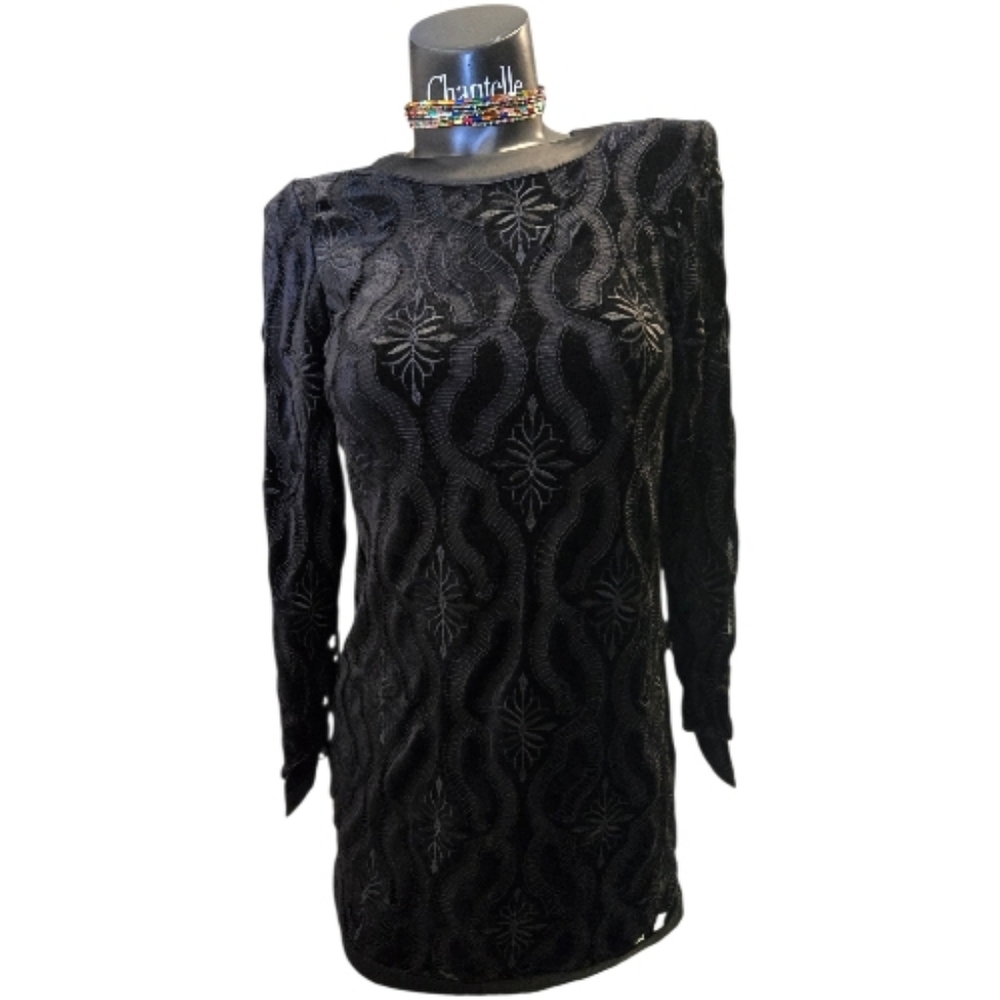 Adelyn Rae Elegant Black Long Sleeve Dress Lace And Velvet, Floral Embroidered.
